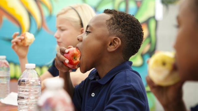Crianças se alimentam na escola