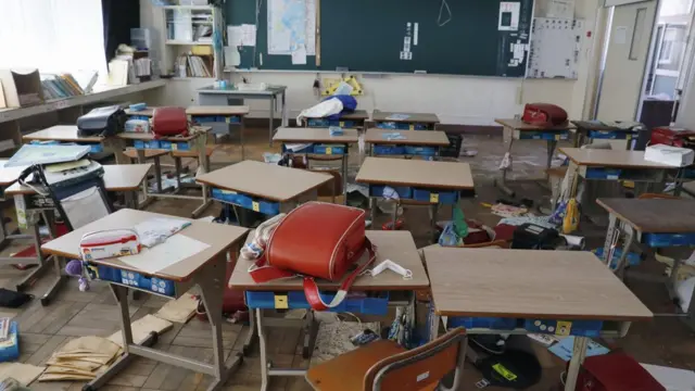A classroom of an elementary school in the northeastern Japan town of Futaba, Fukushima Prefecture, remains unchanged on March 9, 2017