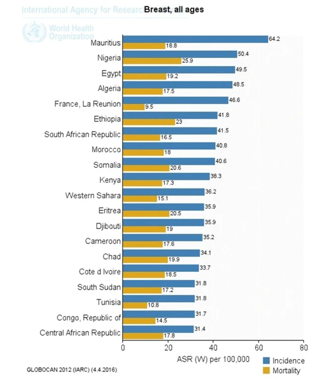 Chart wey show how women dey get breast cancer for some kntris