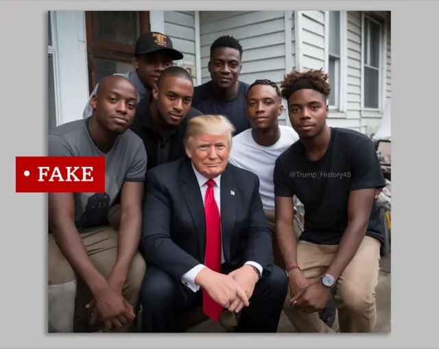 Imagem gerada por inteligência artificial que mostra Trump posando com homens negros 