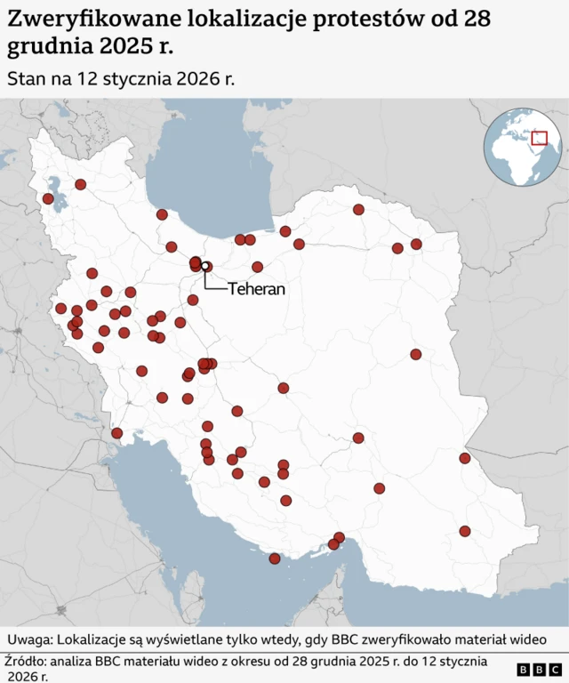Mapa Iranu zawiera 68 czerwonych kropek wskazujących miejsca protestów w całym kraju, pochodzących z nagrań wideo analizowanych przez BBC od 28 grudnia 2025 r. do 13 stycznia 2026 r. Stolica Teheran jest oznaczona. Co najmniej jedna kropka znajduje się w 28 z 31 irańskich prowincji.