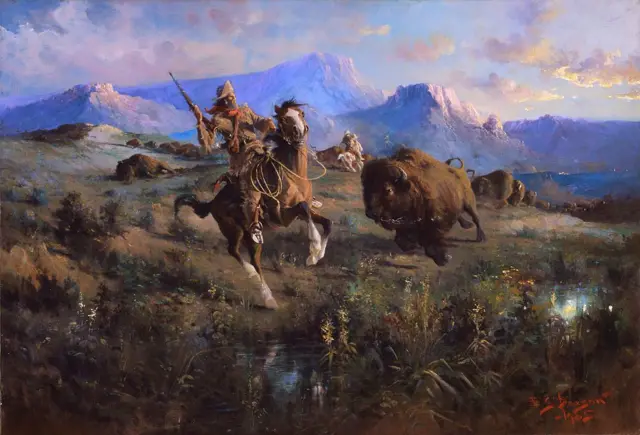 Un cazador con arma de fuego -montado en un caballo- se enfrenta a un bisonte, mientras en el fondo se ven los cadáveres de varios bisontes en el piso.