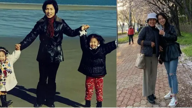 拼圖照片左側是她與母親和姐姐的舊照，母親身穿一件80年代的黑皮夾克；右側則是現今的她與母親合照，她穿的正是那件復古夾克。