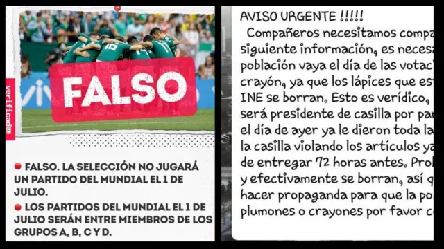 Imagem à esquerda mostra uma etiquetapixbet twitter"falso" e avisa que a seleção do México não jogará no dia das eleições presidenciais do país; imagem à direita mostra uma mensagempixbet twitterWhatsApp com um "aviso urgente"pixbet twitterque os lápis usados na votação podem ser fraudados