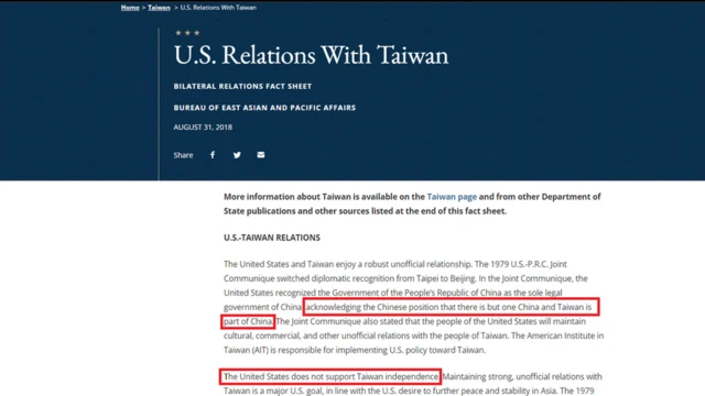 互聯網檔案Wayback Machine保存的美國國務院2018年8月31日美台關係網頁截圖