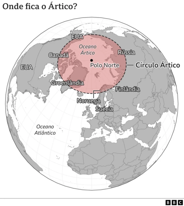 Mapa mostrando a localização do Ártico