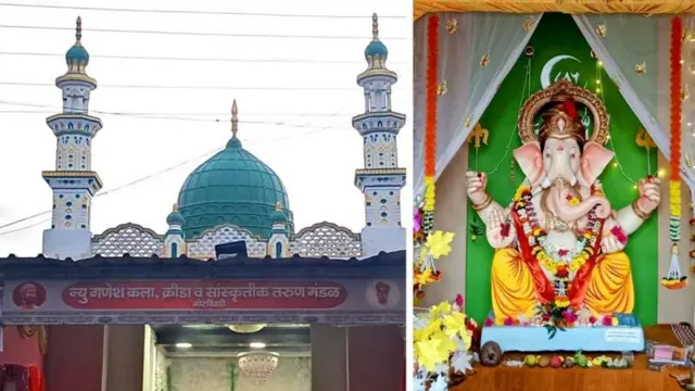 गोटखिंडीची मशिद (डावीकडे) आणि कुरुंदवाडच्या ढेपणपूर मशिदीतील गणेश मूर्ती (उजवीकडे).
