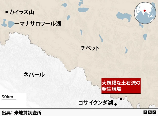 ネパールと中国・チベットの国境周辺の地図。大規模な土石流はネパールのゴサイクンダ湖近くの国境地帯で起きた