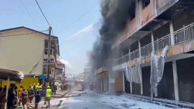 portions of a building on fire