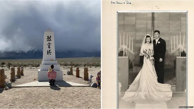 मंज़ानार के दौरे के दौरान बंदियों को याद करते कोनो और अपनी शादी के दिन कोना के दादा-दादी (दाएं).