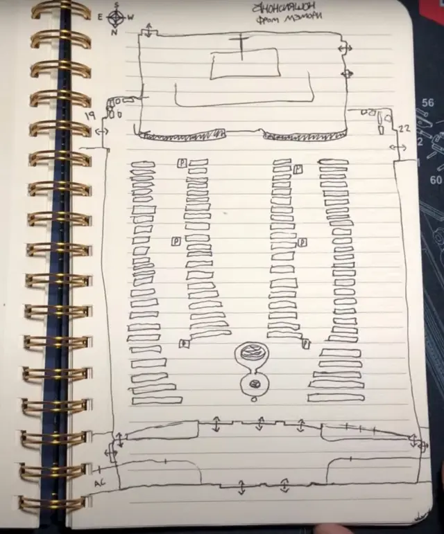 Рисунок в блокноте, похожий на план церкви