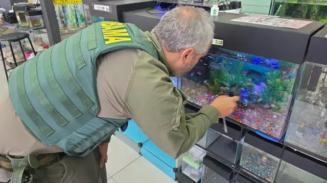 Imagem de fiscal com lanterna na mão e um aquário ao fundo