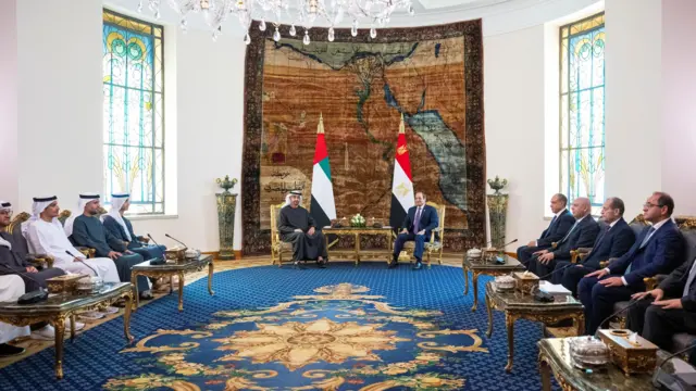 محمد بن زايد آل نهيان، رئيس دولة الإمارات العربية المتحدة، يلتقي عبد الفتاح السيسي، رئيس جمهورية مصر العربية، في قصر الاتحادية بالقاهرة، يجلس الزعيمان وحولهما شخصيات سياسية من كلا الدولتين، على الطرف الأيمن الوفد المصري، والطرف الأيسر الوفد الإماراتي.