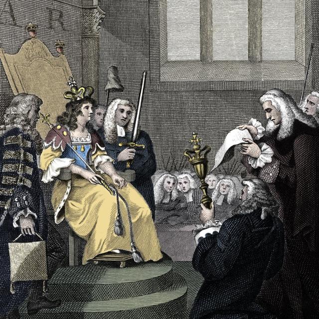 Ilustração de artista desconhecido, de 1826, mostra o ato de união entre a Inglaterra e a Escócia sendo lido diante da rainha Anne em 1707