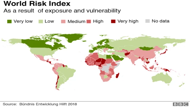 Negara-negara yang paling rentan mengalami bencana alam ditandai dengan warna merah.