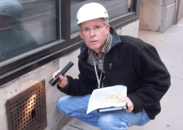 Bobby Corrigan de capacete aponta com uma lanterna para um bueiro
