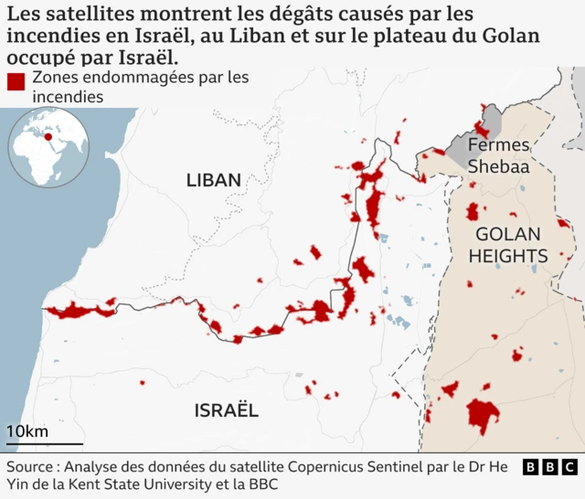 Carte montrant les zones endommagées par les incendies en Israël, au Liban et sur le plateau du Golan occupé par Israël.