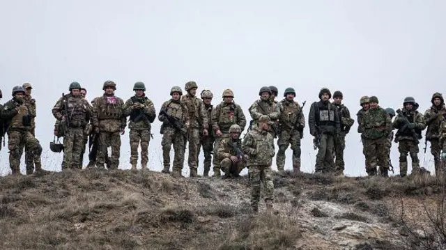 Українські солдати стоять на пагорбі з посохлою травою