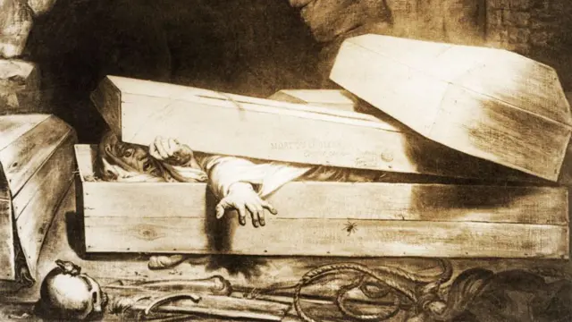 Doente de cólera levantando a tampa do seu caixão, depois de enterrado