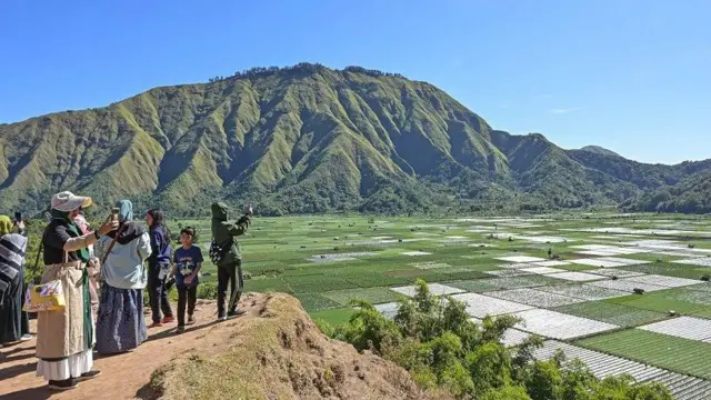 Sejumlah pengunjung memotret panorama bukit Selong dengan kamera gawainya di Sembalun, Kecamatan Sembalun, Lombok Timur, NTB, Minggu (14/7/2024).