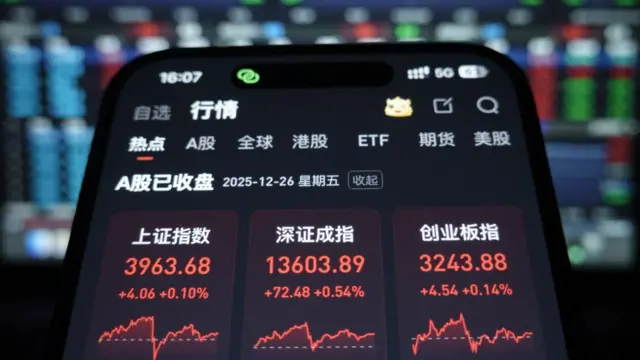 هايان، الصين - 26 ديسمبر 2025 - مؤشر إغلاق سوق الأسهم الصينية معروض على هاتف ذكي في هايان، مقاطعة جيانغسو، الصين، في 26 ديسمبر 2025.