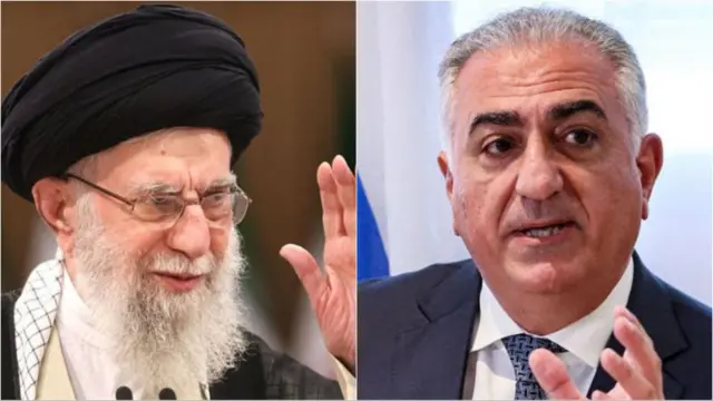 इराणचे सर्वोच्च नेते आयतुल्ला अली खामेनी (डावीकडे) आणि इराणच्या शेवटच्या शाह (राजा) यांचे निर्वासित सुपुत्र रझा पहलवी (उजवीकडे)