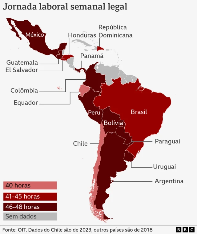 Mapa da jornada laboral semanal legalgloboesporteflamengopaíses da América Latina