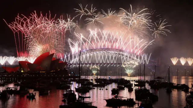Fireworks lit up the midnight sky over Sydney Harbour Bridge and Sydney Opera House during New Year's Day celebrations in Australia