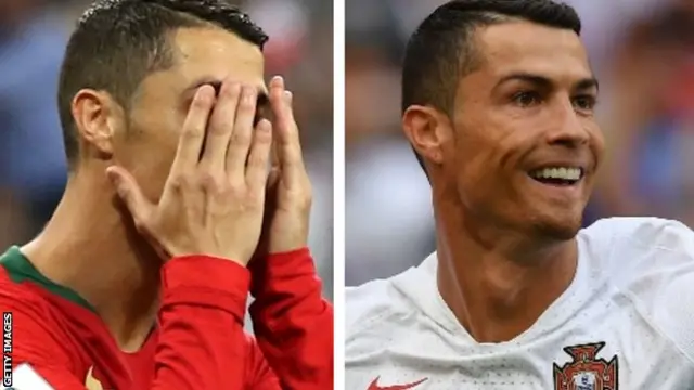 Ronaldo reacts after missing a penalty against Iran (left) and scoring against Morocco (right)