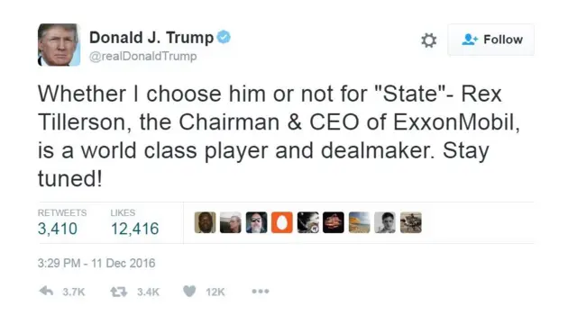 Un tuit de Donald Trump dice: "Así lo escoja o no para 'Estado' - Rex Tillerson, el director ejecutivo de ExxonMobil es un negociador de talla mundial. Sigan en sintonía!"