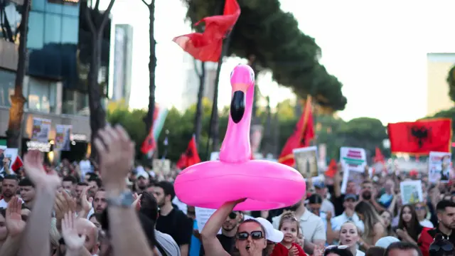 Tłumy ludzi z różowymi flamingami i transparentami protestują na ulicy w Tiranie.