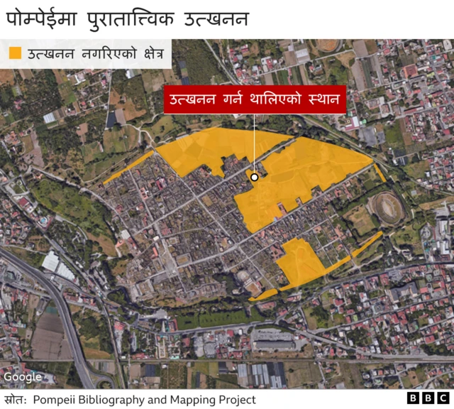 पोम्पेईमा उत्खनन गर्न थालिएको स्थान देखाउने नक्सा