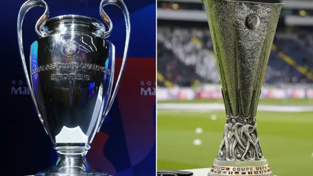 Champions League trophy and Uefa trophy