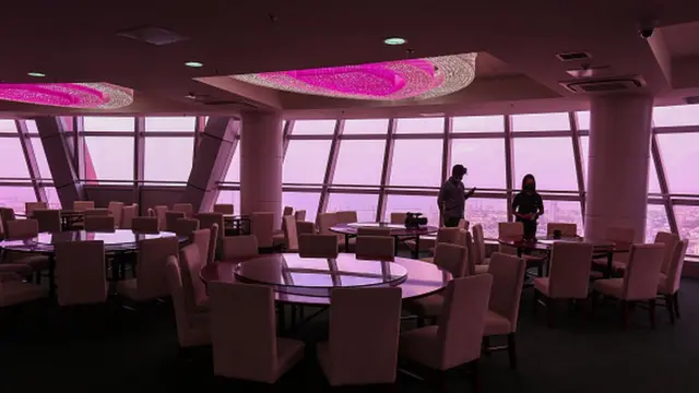 A general view of the banquet hall on the inside of the Lotus Tower in Colombo on September 12, 2022. Lotus Tower, also referred to as Colombo Lotus Tower is a 350 m (1,150 ft) tall tower, located in Colombo, Sri Lanka. It has been called a symbolic landmark of Sri Lanka. The government says that all arrangements have been made to open this to the public from September 15.