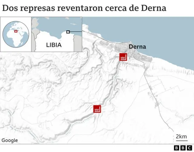 Mapa que muestra dónde estaban las represas que colapsaron.