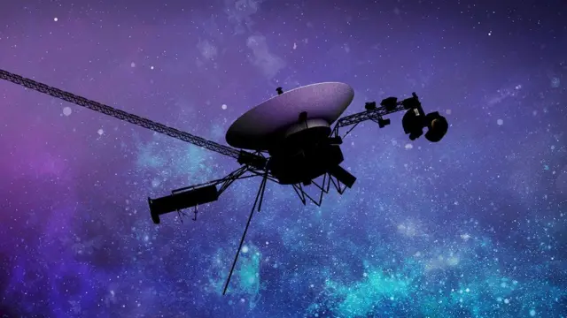 An artist's concept showing a dark space probe with a central dish and several instruments pointing outwards; there are numerous stars against clouds of blue and purple in the background.