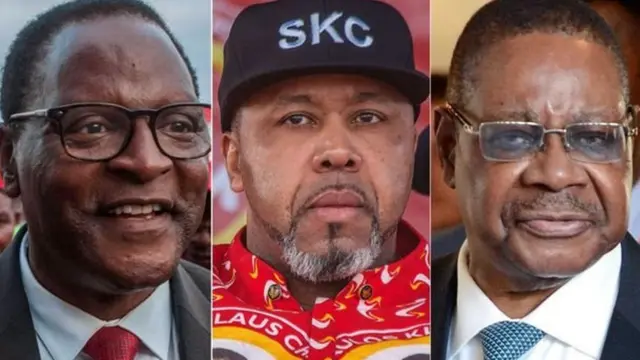 Lazarus Chakwera (kushoto) na Saulos Chilima (kati) walikuwa wakichuana na rais Mutharika (kulia)