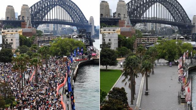 Sydney's Circular Quay on New Year's Eve of 31 December 2019 and of 31 December 2020