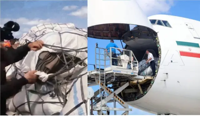 تصویری دو قسمتی در کنار هم، یکی دماغه هواپیمایی بازشده را نشان میدهد که از درون آن بستهبندیهای بزرگ بار بیرون میآیند. عکس دیگر بخشی از بار باز شده و پتوهای سبزرنگی دیده میشود