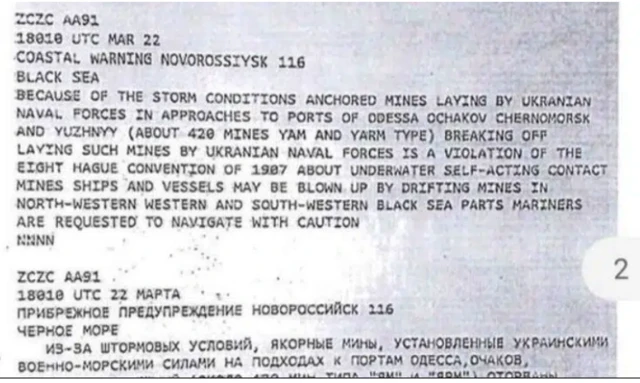 Rusya'nın 18 Mart'ta yayımladığı NAVTEX mesajı