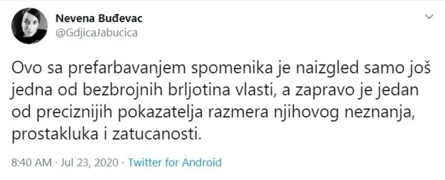 Jedna od reakcija na Tviteru