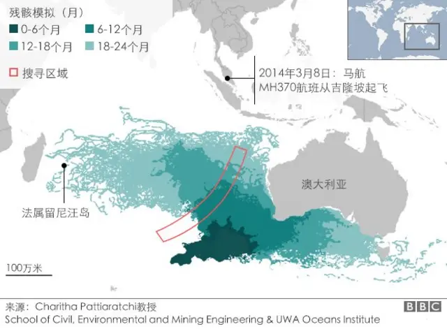 地图：MH370残骸漂浮范围测算