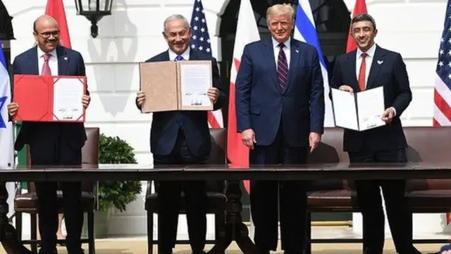 وزیران خارجه بحرین و امارات و نخست وزیر اسرائیل با ترامپ