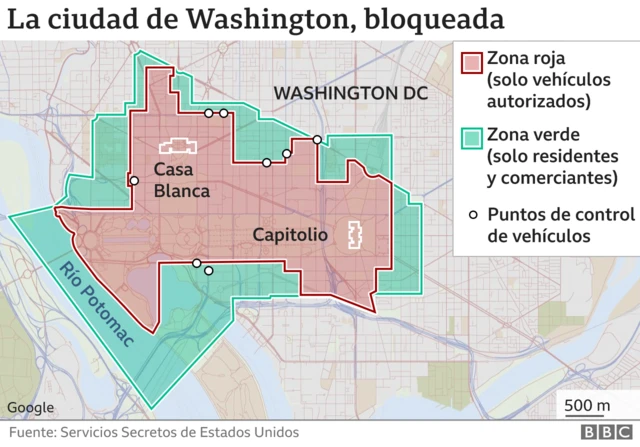 Mapa de bloqueo de calles en la ciudad de Washington.