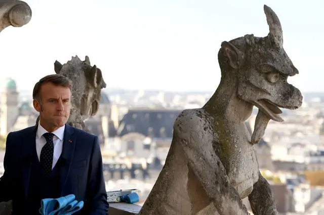 Эммануэль Макрон и гаргульи Собора Парижской Богоматери