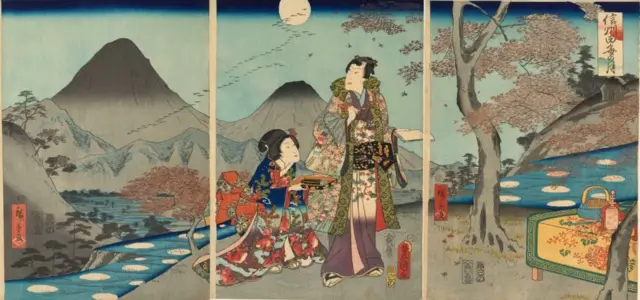 El Príncipe Genji y una dama, mientras que la luna llena se refleja en los campos de arroz.