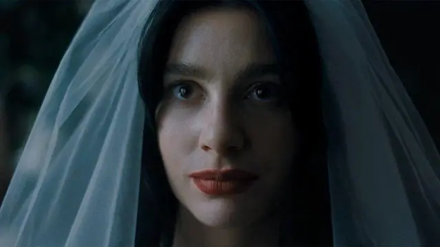 Кадр із серіалу "Щось дуже погане має статися" - крупний план жінки у фаті