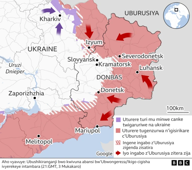 Ikarata y'ubuseruko bwa Ukraine, yerekana uturere turi mu minwe y'ingabo z'Uburusiya 