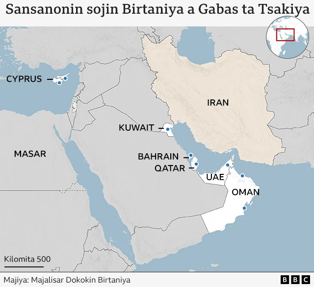 Map showing Iran and Egypt as well as UK military bases in Oman, United Arab Emirates (UAE), Qatar, Bahrain, Kuwait and Cyprus