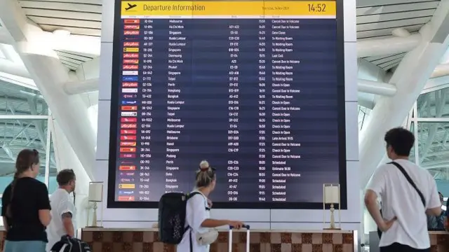 Calon penumpang pesawat melihat informasi jadwal keberangkatan di area Terminal Internasional Bandara Internasional I Gusti Ngurah Rai, Badung, Bali, Kamis (14/11/2024). 